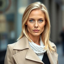 A 35-year-old woman with light blonde hair and striking blue eyes, dressed in stylish European clothing