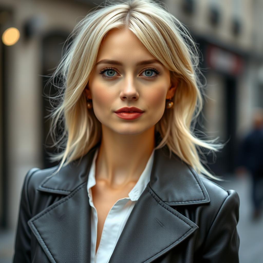 A 35-year-old woman with light blonde hair and striking blue eyes, dressed in stylish European clothing