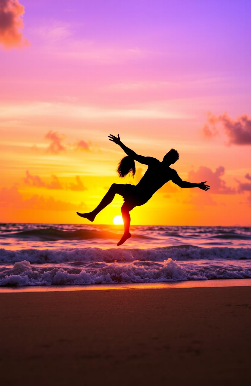 Two black silhouettes of a woman and a man joyfully playing on a tropical beach, against the backdrop of a vibrant sunset with hues of orange, pink, and purple spreading across the sky