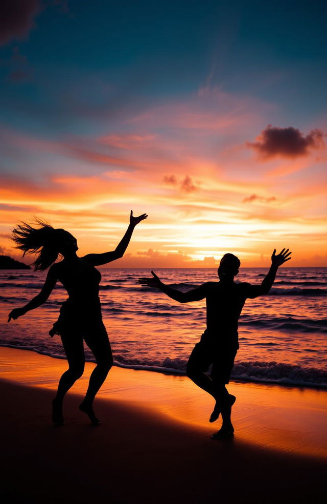 Two black silhouettes of a woman and a man joyfully playing on a tropical beach, against the backdrop of a vibrant sunset with hues of orange, pink, and purple spreading across the sky