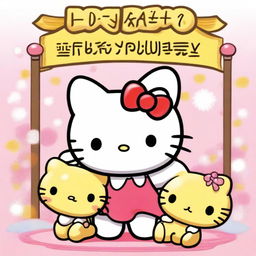 A highly detailed, vibrant image of Hello Kitty and Pompompurin standing together, cheerfully holding up a large sign that reads 'Maisy'