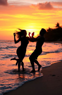 Two black silhouettes of a woman and a man joyfully playing on a tropical beach, against the backdrop of a vibrant sunset with hues of orange, pink, and purple spreading across the sky