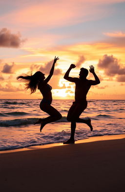 Two black silhouettes of a woman and a man joyfully playing on a tropical beach, against the backdrop of a vibrant sunset with hues of orange, pink, and purple spreading across the sky