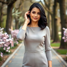A European woman aged between 30 to 45 years, dressed elegantly and confidently