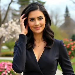 A European woman aged between 30 to 45 years, dressed elegantly and confidently