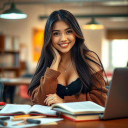 A captivating portrait of a sexy Asian student, sitting at a desk with books scattered around, wearing stylish and trendy clothing