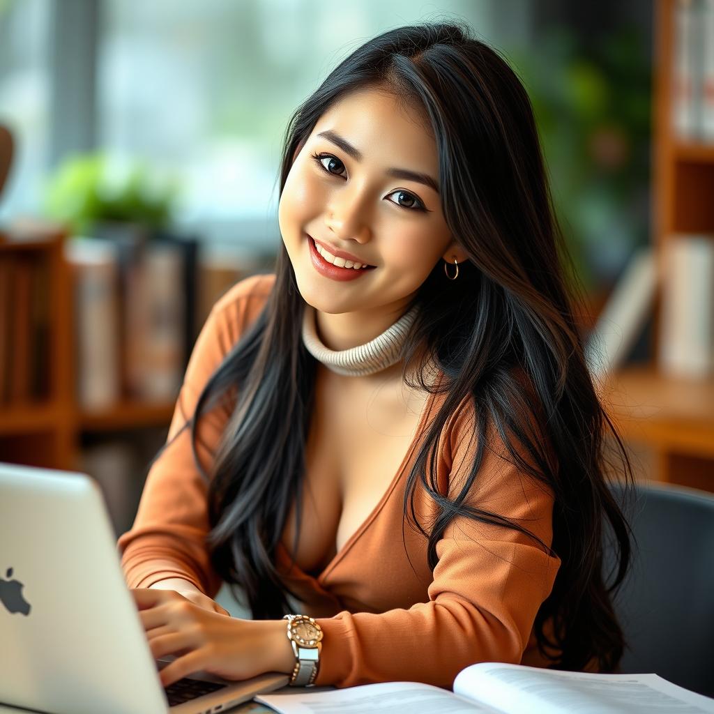 A captivating portrait of a sexy Asian student, sitting at a desk with books scattered around, wearing stylish and trendy clothing