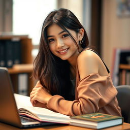 A captivating portrait of a sexy Asian student, sitting at a desk with books scattered around, wearing stylish and trendy clothing
