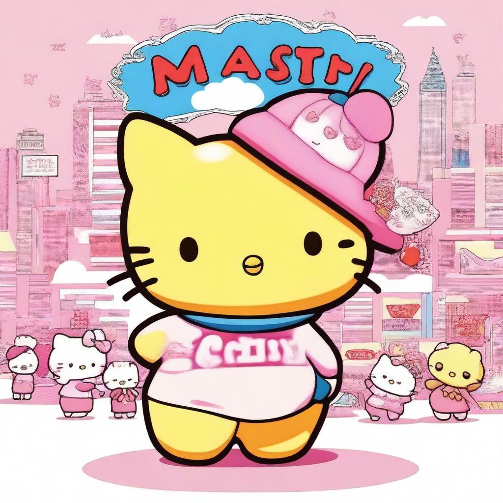 A highly detailed, vibrant image of Hello Kitty and Pompompurin standing together, cheerfully holding up a large sign that reads 'Maisy'