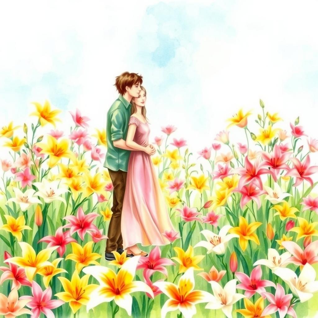 Create a charming watercolor drawing featuring a guy and a girl standing amidst a field of vibrant lily flowers