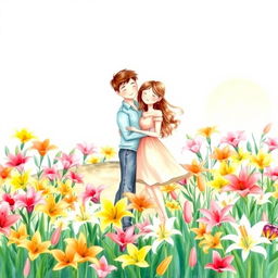 Create a charming watercolor drawing featuring a guy and a girl standing amidst a field of vibrant lily flowers