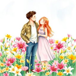 Create a charming watercolor drawing featuring a guy and a girl standing amidst a field of vibrant lily flowers