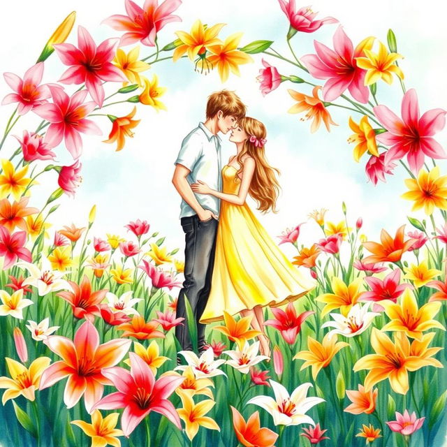 Create a charming watercolor drawing featuring a guy and a girl standing amidst a field of vibrant lily flowers