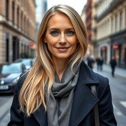 A 35-year-old woman with long, light blonde hair and striking blue eyes, dressed in fashionable European attire