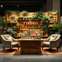 A cozy and eco-friendly medium-sized stand setup for a herbal cigarettes brand called rubus, with the brand name 'rubus' displayed in lowercase in a stylish, earthy font