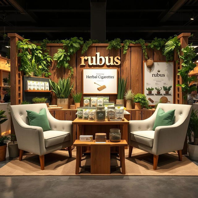 A cozy and eco-friendly medium-sized stand setup for a herbal cigarettes brand called rubus, with the brand name 'rubus' displayed in lowercase in a stylish, earthy font