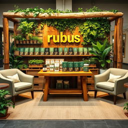 A cozy and eco-friendly medium-sized stand setup for a herbal cigarettes brand called rubus, with the brand name 'rubus' displayed in lowercase in a stylish, earthy font