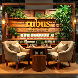 A cozy and eco-friendly medium-sized stand setup for a herbal cigarettes brand called rubus, with the brand name 'rubus' displayed in lowercase in a stylish, earthy font
