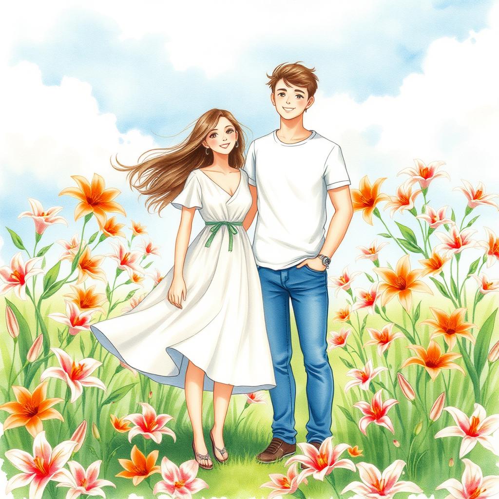 Create a whimsical watercolor drawing depicting a guy and a girl standing together in a vibrant field of lily flowers