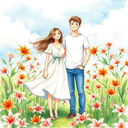 Create a whimsical watercolor drawing depicting a guy and a girl standing together in a vibrant field of lily flowers