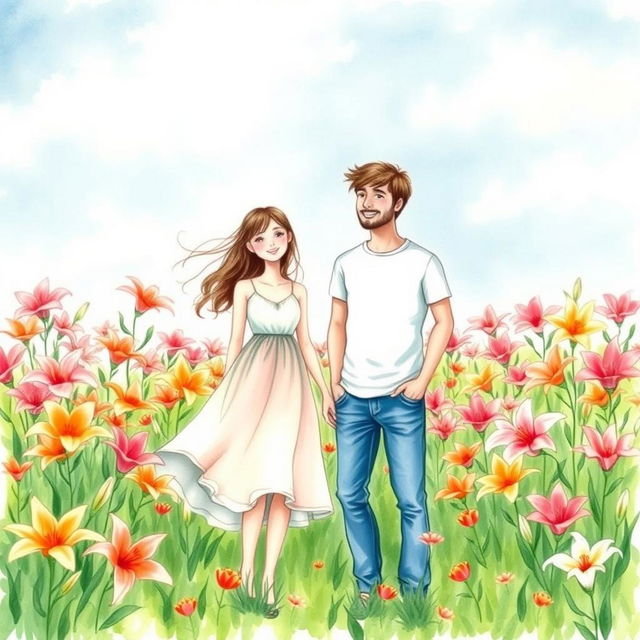 Create a whimsical watercolor drawing depicting a guy and a girl standing together in a vibrant field of lily flowers