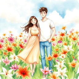 Create a whimsical watercolor drawing depicting a guy and a girl standing together in a vibrant field of lily flowers