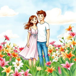 Create a whimsical watercolor drawing depicting a guy and a girl standing together in a vibrant field of lily flowers