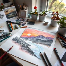 An artist's desk with various drawing tools like pencils, charcoal, and colored markers spread out