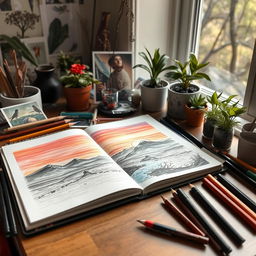 An artist's desk with various drawing tools like pencils, charcoal, and colored markers spread out