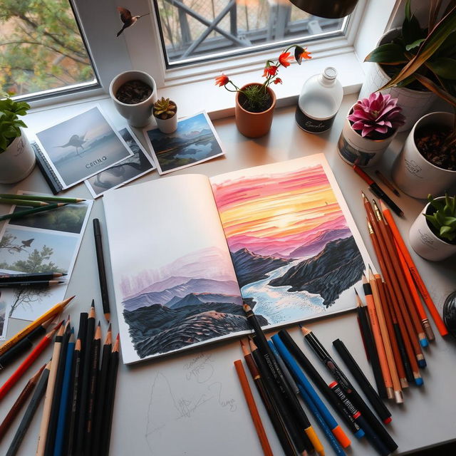 An artist's desk with various drawing tools like pencils, charcoal, and colored markers spread out