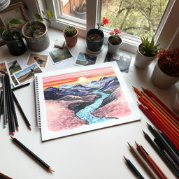 An artist's desk with various drawing tools like pencils, charcoal, and colored markers spread out