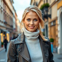 A 35-year-old woman with light blonde hair and beautiful blue eyes, dressed in fashionable European attire