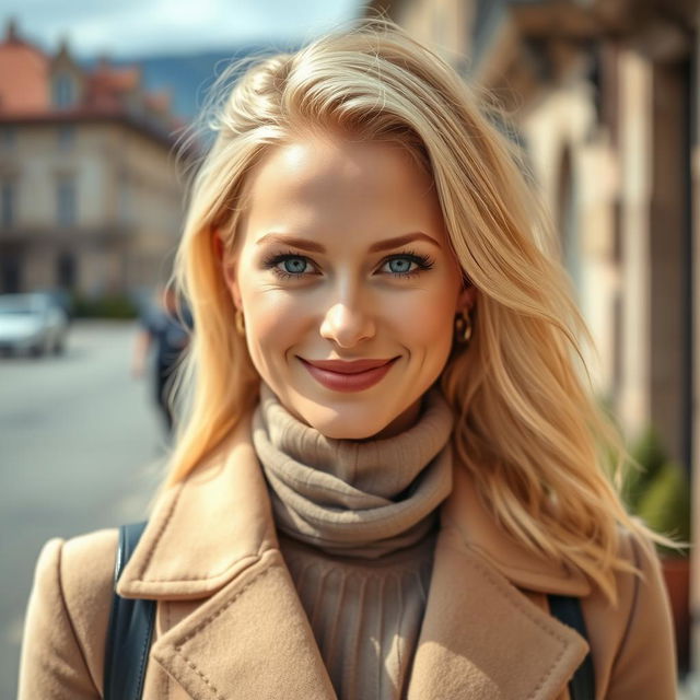 A 35-year-old woman with light blonde hair and beautiful blue eyes, dressed in fashionable European attire