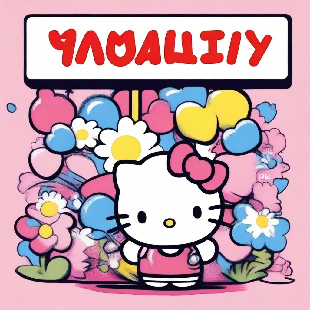 A super detailed image of Hello Kitty with precise strokes and vibrant colors, proudly holding up a big sign that says 'Maisy'