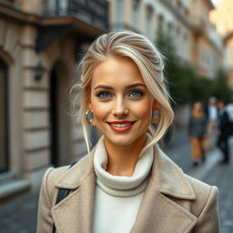 A 35-year-old woman with light blonde hair and beautiful blue eyes, dressed in fashionable European attire