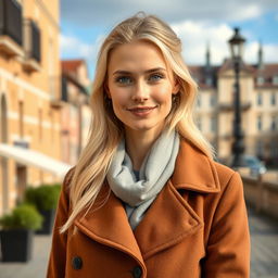 A 35-year-old woman with light blonde hair and beautiful blue eyes, dressed in fashionable European attire