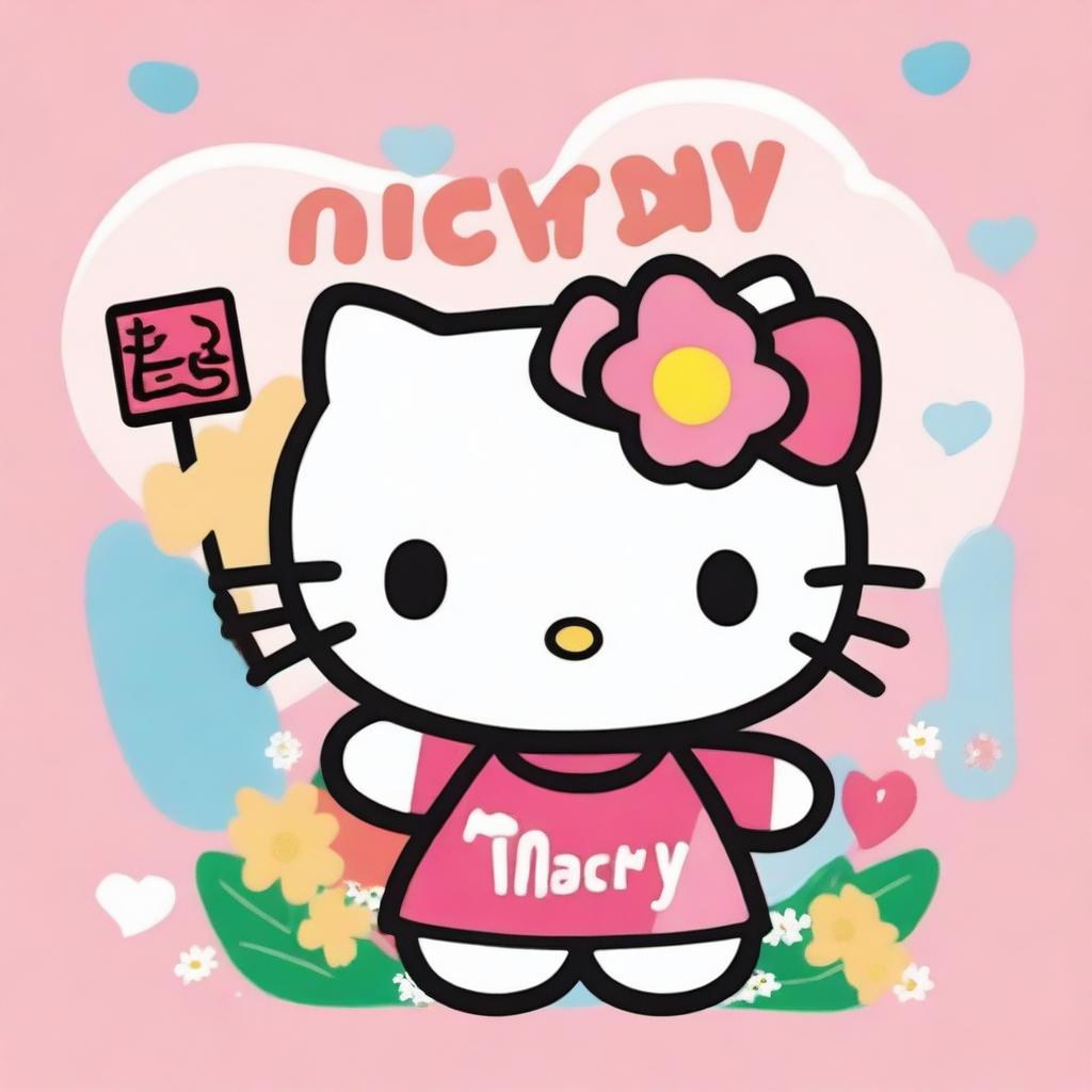 A super detailed image of Hello Kitty with precise strokes and vibrant colors, proudly holding up a big sign that says 'Maisy'