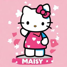 A super detailed image of Hello Kitty with precise strokes and vibrant colors, proudly holding up a big sign that says 'Maisy'