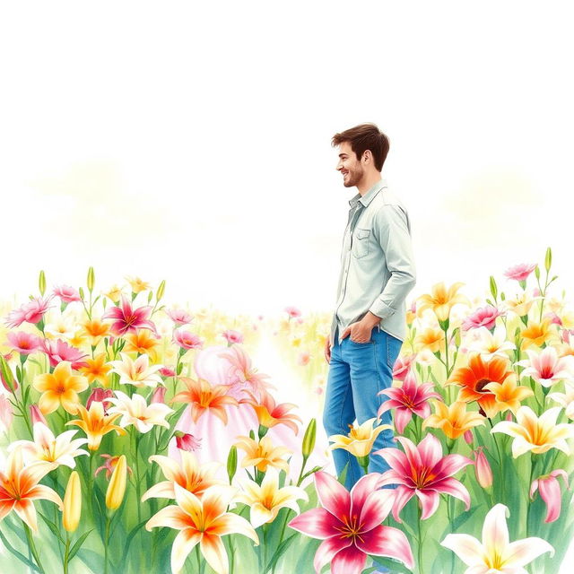 Create a romantic watercolor drawing depicting a guy and a girl looking at each other amidst a lush field of vibrant lily flowers