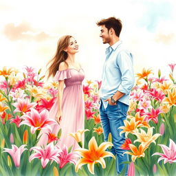 Create a romantic watercolor drawing depicting a guy and a girl looking at each other amidst a lush field of vibrant lily flowers