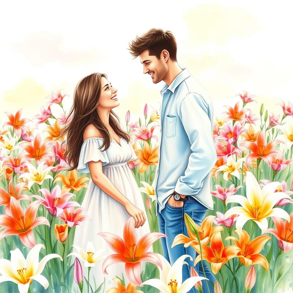 Create a romantic watercolor drawing depicting a guy and a girl looking at each other amidst a lush field of vibrant lily flowers