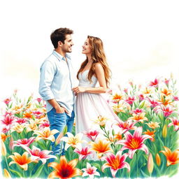 Create a romantic watercolor drawing depicting a guy and a girl looking at each other amidst a lush field of vibrant lily flowers