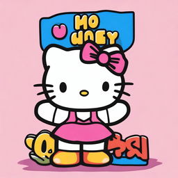 A super detailed image of Hello Kitty with precise strokes and vibrant colors, proudly holding up a big sign that says 'Maisy'