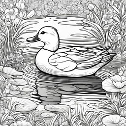 Black and white colouring book page featuring an adorable duck in a detailed pond setting.