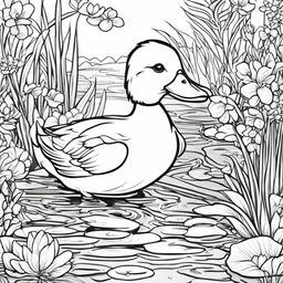 Black and white colouring book page featuring an adorable duck in a detailed pond setting.