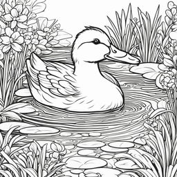 Black and white colouring book page featuring an adorable duck in a detailed pond setting.