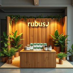 A mock-up of a cozy and eco-friendly medium-sized stand setup for a herbal cigarettes brand called rubus, featuring the brand name 'rubus' displayed in lowercase in an earthy, inviting font