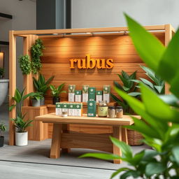 A mock-up of a cozy and eco-friendly medium-sized stand setup for a herbal cigarettes brand called rubus, featuring the brand name 'rubus' displayed in lowercase in an earthy, inviting font