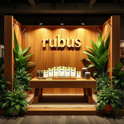 A mock-up of a cozy and eco-friendly medium-sized stand setup for a herbal cigarettes brand called rubus, featuring the brand name 'rubus' displayed in lowercase in an earthy, inviting font