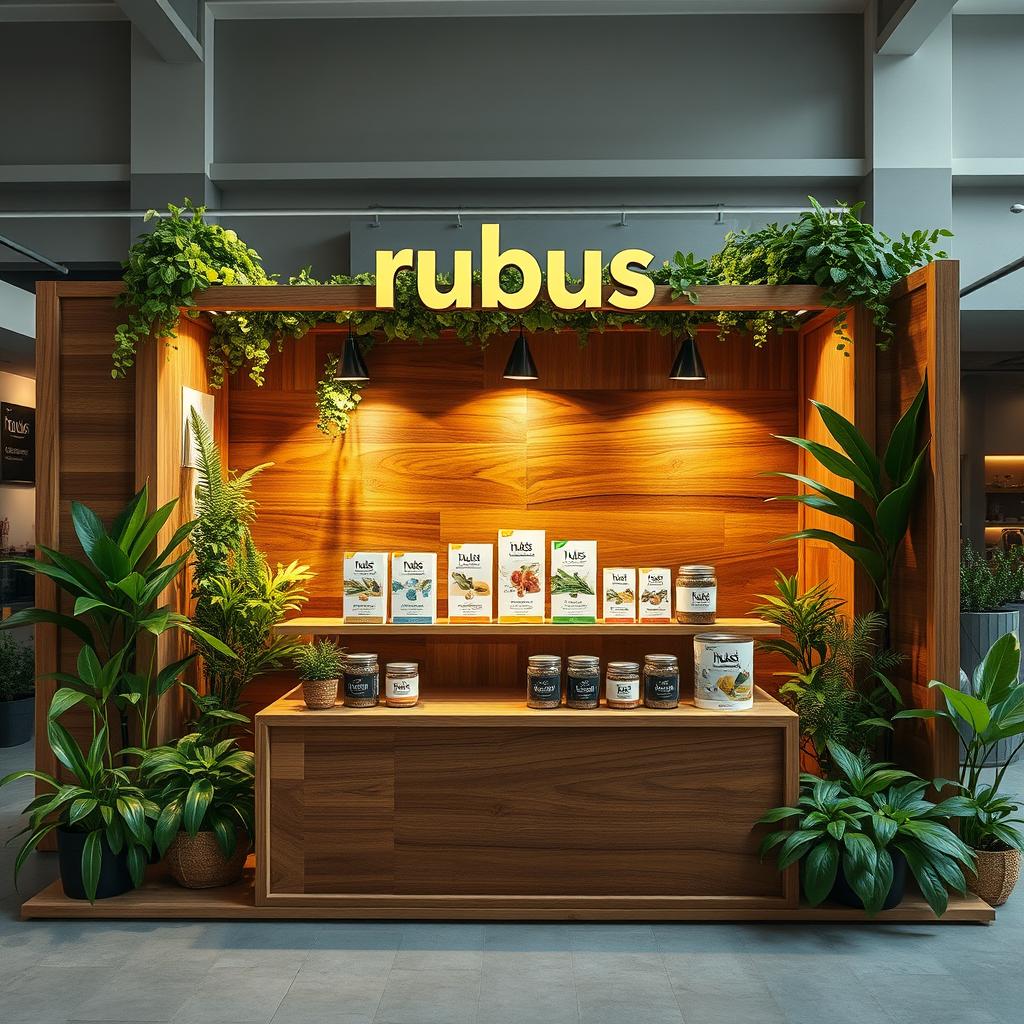 A mock-up of a cozy and eco-friendly medium-sized stand setup for a herbal cigarettes brand called rubus, featuring the brand name 'rubus' displayed in lowercase in an earthy, inviting font